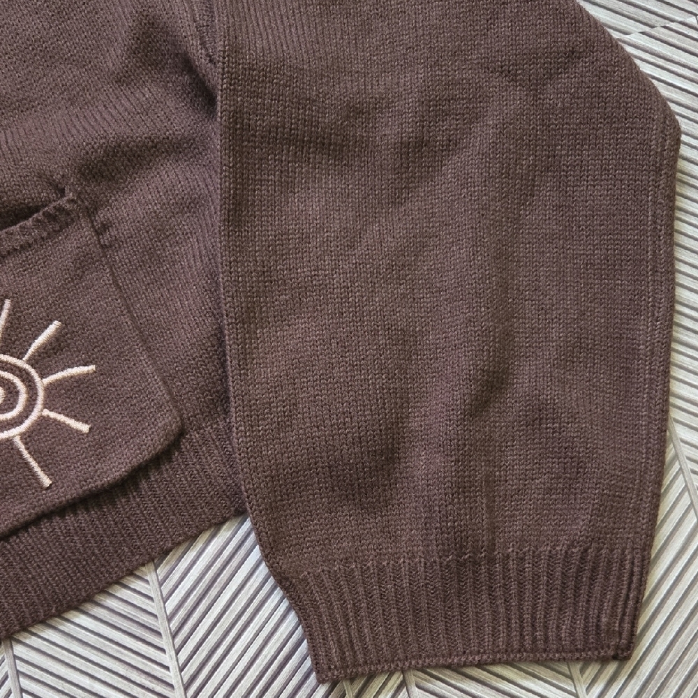 Cropped Brown Cardigan Sweater Embroidered Sun Pockets V-Neck Button Front Large - Picture 7 of 15